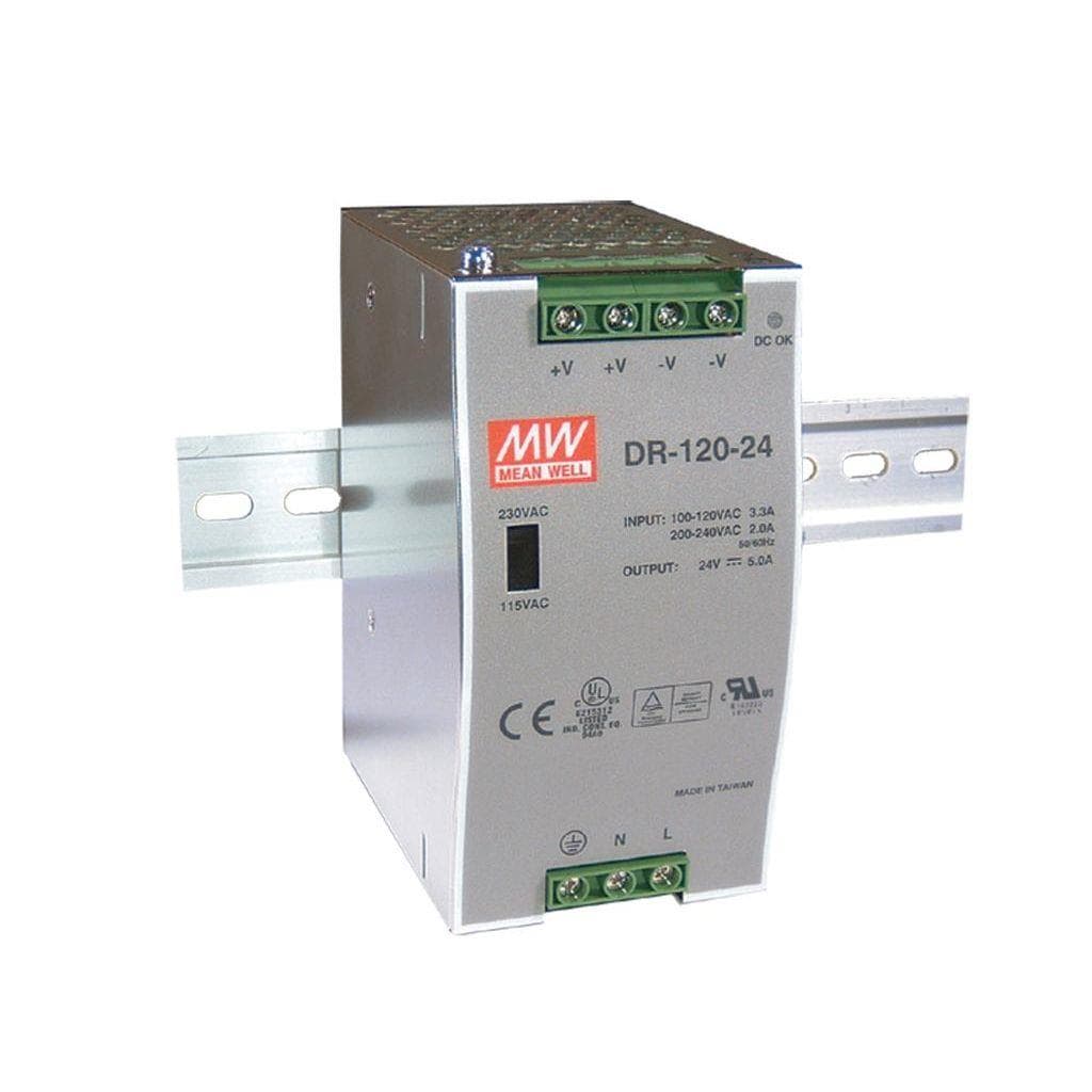 MEAN WELL DR-120-12 AC-DC Industrial DIN rail power supply; Output 12Vdc at 10A; metal case; DR-120-12 is succeeded by NDR-120-12. MEAN WELL DR-120-12 AC-DC Industrial DIN rail power supply; Output 12Vdc at 10A; metal case; DR-120-12 is succeeded by NDR-120-12.