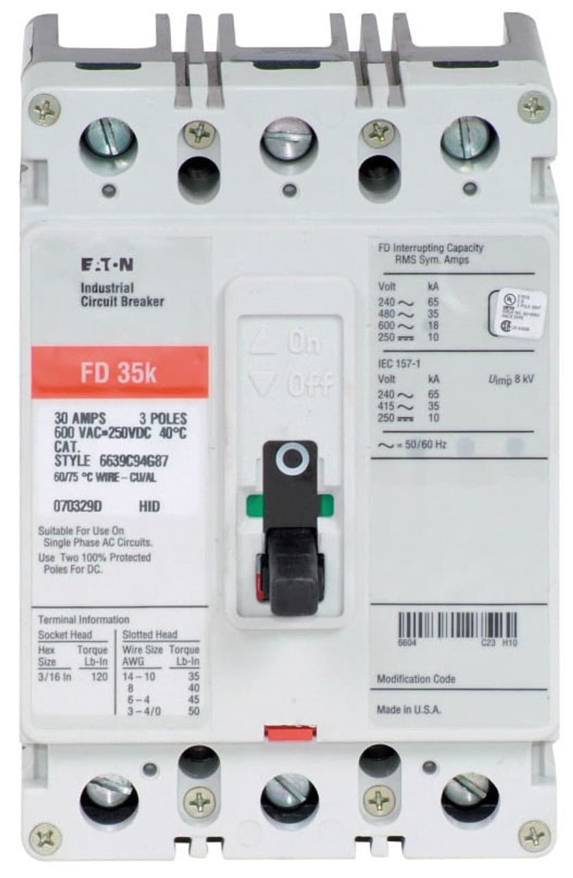 Eaton FD3050 FD3050 Eaton - Eaton Series C complete molded case circuit breaker, F-frame, FD, Complete breaker, Fixed thermal, Fixed magnetic trip type, Three-pole, 50 A, 600 Vac, 250 Vdc, Load side, 50/60 Hz Eaton FD3050 FD3050 Eaton - Eaton Series C complete molded case circuit breaker, F-frame, FD, Complete breaker, Fixed thermal, Fixed magnetic trip type, Three-pole, 50 A, 600 Vac, 250 Vdc, Load side, 50/60 Hz
