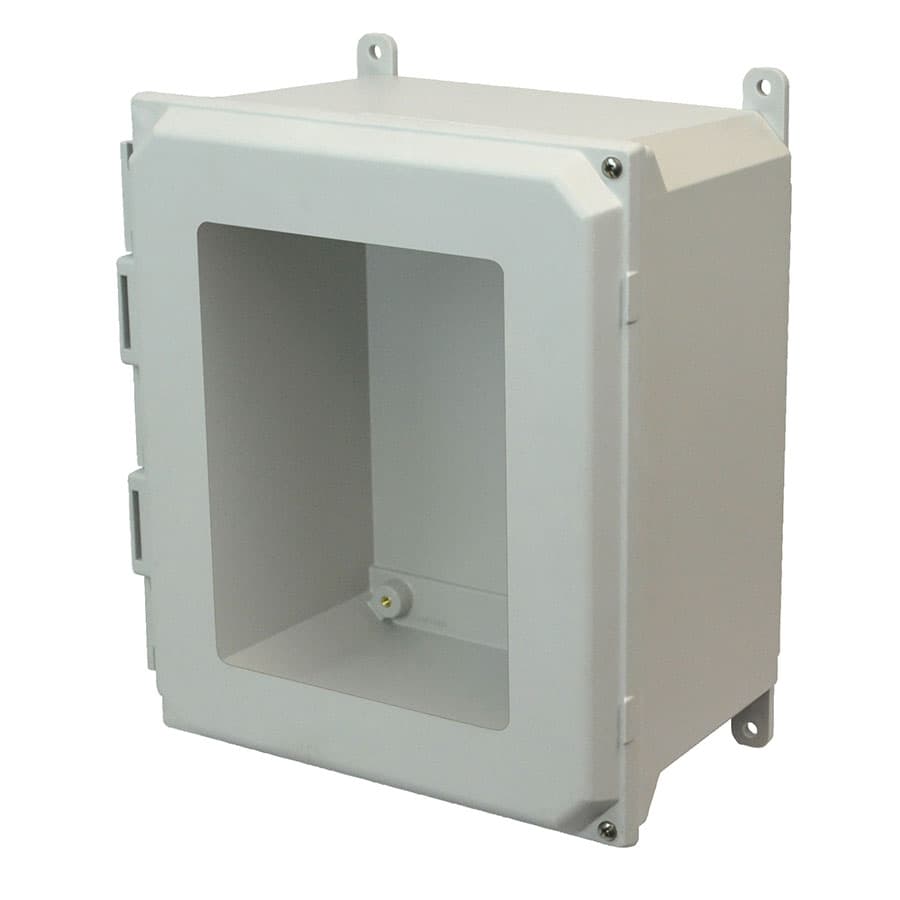Allied Moulded Products AMU1426HW 14"x12"x6" ULTRALINE® fiberglass wall mount enclosure assembly with 2-screw hinged window cover Allied Moulded Products AMU1426HW 14"x12"x6" ULTRALINE® fiberglass wall mount enclosure assembly with 2-screw hinged window cover