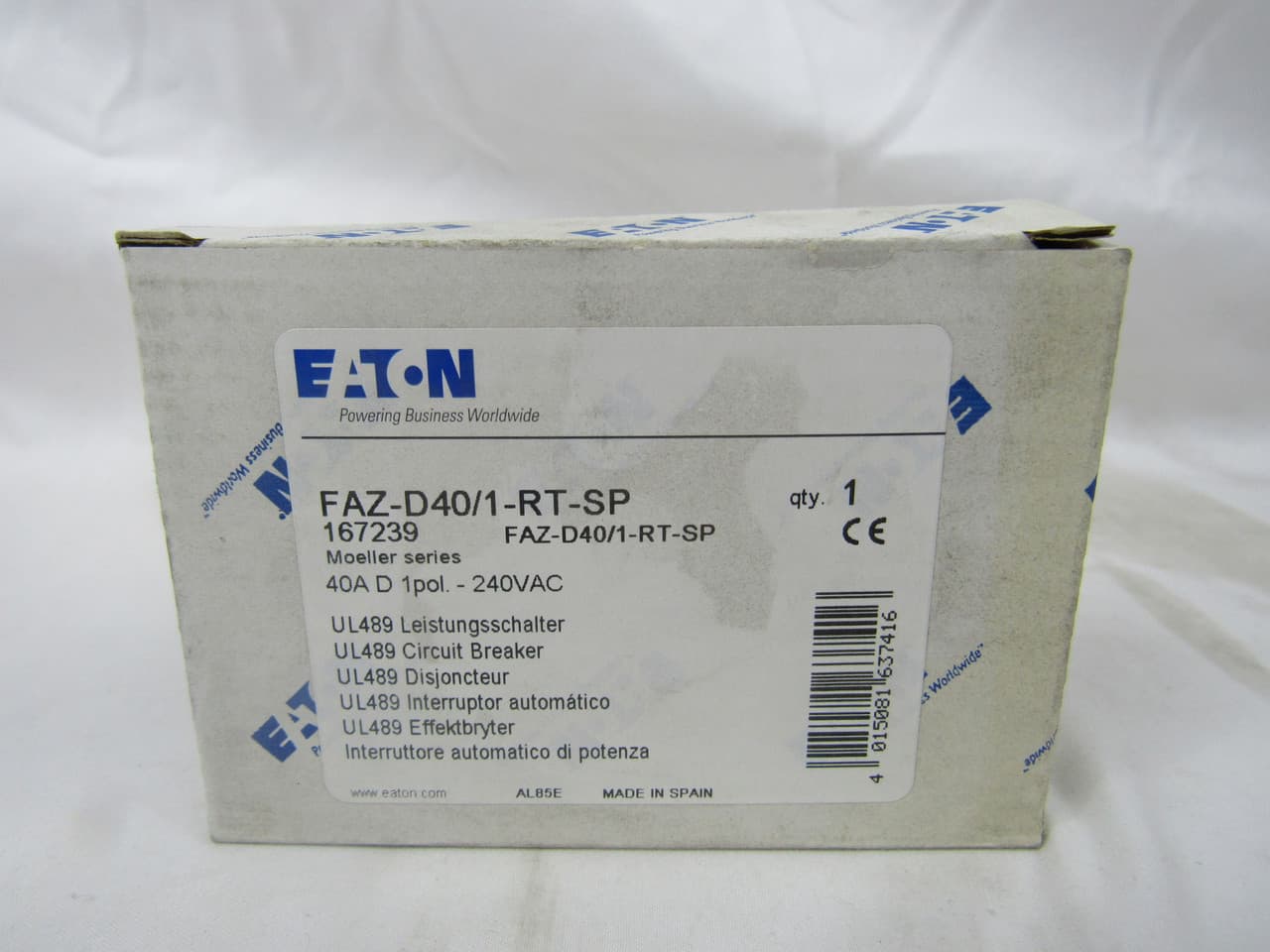 Eaton FAZ-D40/1-RT-SP 277/480 VAC 50/60 Hz, 40 A, 1-Pole, 10/14 kA, 10 to 20 x Rated Current, Ring Tongue Terminal, DIN Rail Mount, Single Packaging, D-Curve, Current Limiting, Thermal Magnetic Eaton FAZ-D40/1-RT-SP 277/480 VAC 50/60 Hz, 40 A, 1-Pole, 10/14 kA, 10 to 20 x Rated Current, Ring Tongue Terminal, DIN Rail Mount, Single Packaging, D-Curve, Current Limiting, Thermal Magnetic