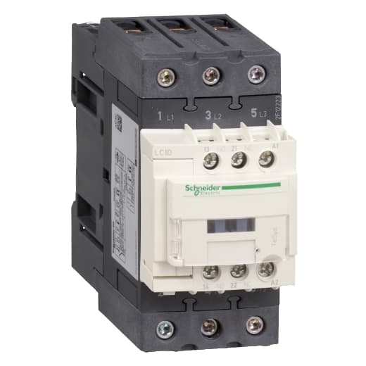 Schneider Electric LC1D50AG7 Schneider Electric LC1D50AG7 is a magnetic contactor from the Deca sub-range, featuring an EverLink(TM) terminal design and screw connections. It is a 3-pole (3P; 3NO) contactor with a rated current of 80A (AC-1) and 50A (440Vac; AC-3). Designed for DIN rail mounting, it has a net width of 55 mm and offers a degree of protection of IP20. The control voltage (AC) ranges from 96-132Vac (120Vac nominal; 50Hz; 0.8...1.1 x Uc) to 102-132Vac (120Vac nominal; 60Hz; 0.85...1.1 x Uc), with a rated operating voltage (Ue) of 690 V. It includes 1 normally open (NO) auxiliary contact and 1 normally closed (NC) auxiliary contact, both of the instantaneous type (1NO+1NC). The rated impulse voltage (Uimp) is 6 kV. Its rated active power (kW) spans from 15kW (220-230Vac; AC-3) to 33kW (660-690Vac; AC-3), and the rated power (HP) ranges from 3HP (115Vac; single-phase; 50Hz/60Hz; UL/CSA) to 40HP (575-600Vac; 3-phase; 50Hz/60Hz; UL/CSA). The mechanical durability is rated at 6,000,000 operations, and the electrical durability (with load) is 1,450,000 operations. The rated voltage (AC) - phase-to-phase is 690 V. Schneider Electric LC1D50AG7 Schneider Electric LC1D50AG7 is a magnetic contactor from the Deca sub-range, featuring an EverLink(TM) terminal design and screw connections. It is a 3-pole (3P; 3NO) contactor with a rated current of 80A (AC-1) and 50A (440Vac; AC-3). Designed for DIN rail mounting, it has a net width of 55 mm and offers a degree of protection of IP20. The control voltage (AC) ranges from 96-132Vac (120Vac nominal; 50Hz; 0.8...1.1 x Uc) to 102-132Vac (120Vac nominal; 60Hz; 0.85...1.1 x Uc), with a rated operating voltage (Ue) of 690 V. It includes 1 normally open (NO) auxiliary contact and 1 normally closed (NC) auxiliary contact, both of the instantaneous type (1NO+1NC). The rated impulse voltage (Uimp) is 6 kV. Its rated active power (kW) spans from 15kW (220-230Vac; AC-3) to 33kW (660-690Vac; AC-3), and the rated power (HP) ranges from 3HP (115Vac; single-phase; 50Hz/60Hz; UL/CSA) to 40HP (575-600Vac; 3-phase; 50Hz/60Hz; UL/CSA). The mechanical durability is rated at 6,000,000 operations, and the electrical durability (with load) is 1,450,000 operations. The rated voltage (AC) - phase-to-phase is 690 V.