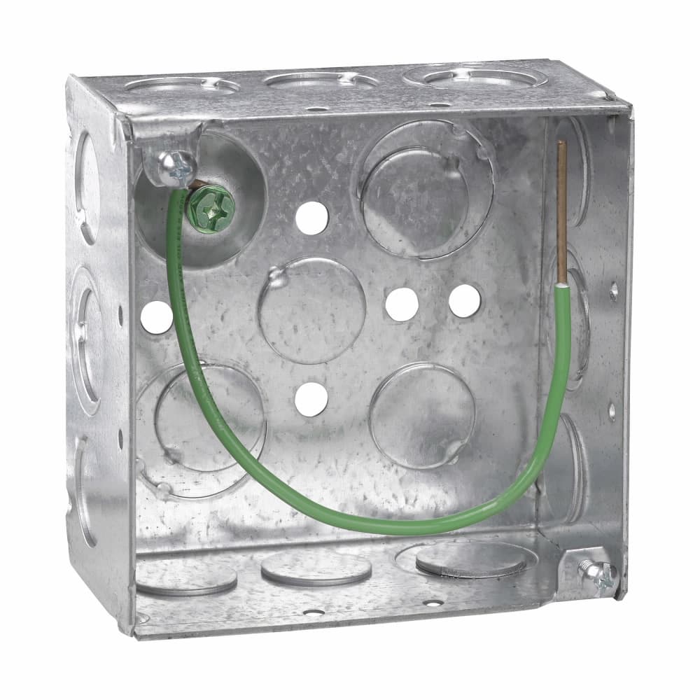 Eaton TP403PF Eaton Crouse-Hinds series Square Outlet Box, (2) 1/2", (2) 1/2", (1) 3/4" E, 4", Conduit (no clamps), Welded, 2-1/8", Steel, (8) 1/2",(4) 1/2", (1) 3/4" E, Includes ground screw with pigtail lead, 30.3 cubic inch capacity Eaton TP403PF Eaton Crouse-Hinds series Square Outlet Box, (2) 1/2", (2) 1/2", (1) 3/4" E, 4", Conduit (no clamps), Welded, 2-1/8", Steel, (8) 1/2",(4) 1/2", (1) 3/4" E, Includes ground screw with pigtail lead, 30.3 cubic inch capacity