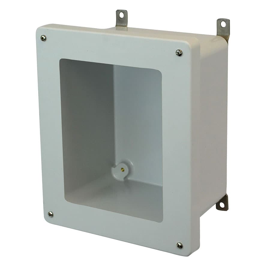 Allied Moulded Products AM864W 8"x6"x4" AM Series fiberglass wall mount enclosure assembly with 4-screw lift-off window cover Allied Moulded Products AM864W 8"x6"x4" AM Series fiberglass wall mount enclosure assembly with 4-screw lift-off window cover