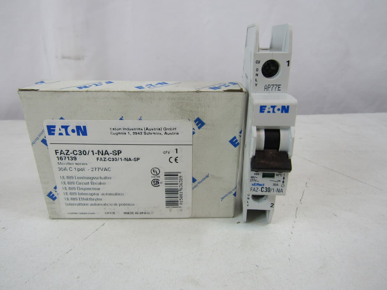 Eaton FAZ-C30/1-NA-SP Eaton FAZ branch protector,UL 489 Industrial miniature circuit breaker - supplementary protector,Single package,Medium levels of inrush current are expected,30 A,10 kAIC,Single-pole,277 V,5-10X /n,Q38,50-60 Hz,Screw terminals,C Curve Eaton FAZ-C30/1-NA-SP Eaton FAZ branch protector,UL 489 Industrial miniature circuit breaker - supplementary protector,Single package,Medium levels of inrush current are expected,30 A,10 kAIC,Single-pole,277 V,5-10X /n,Q38,50-60 Hz,Screw terminals,C Curve