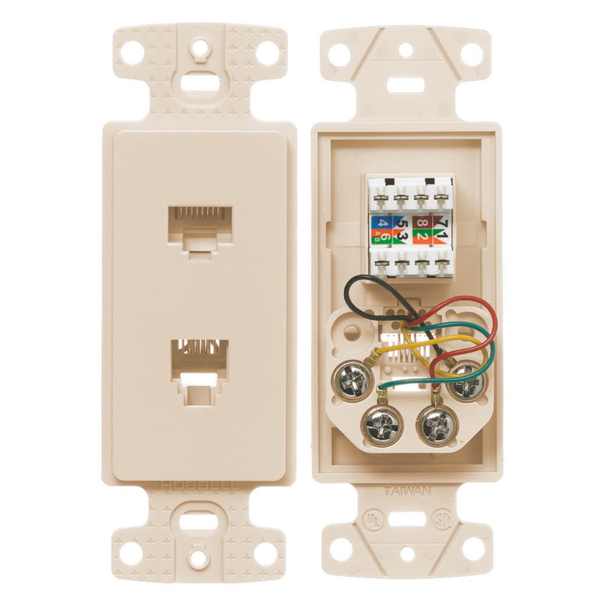 Hubbell NS784LA Plate Frame with Cat 5e Jack and 6- Position 4-Conductor Jack, Screw Terminal, Light Almond  ; Meets FCC part 68 ; High impact-resistant thermoplastic frame ; Standard Product Hubbell NS784LA Plate Frame with Cat 5e Jack and 6- Position 4-Conductor Jack, Screw Terminal, Light Almond  ; Meets FCC part 68 ; High impact-resistant thermoplastic frame ; Standard Product