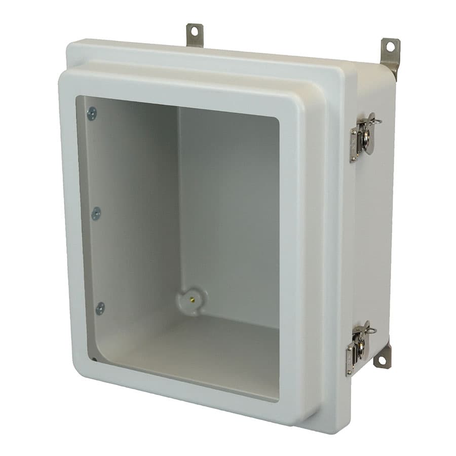Allied Moulded Products AM1206RTW 12"x10"x6" AM-R Series fiberglass wall mount enclosure assembly with raised hinged window cover and stainless-steel twist latch Allied Moulded Products AM1206RTW 12"x10"x6" AM-R Series fiberglass wall mount enclosure assembly with raised hinged window cover and stainless-steel twist latch