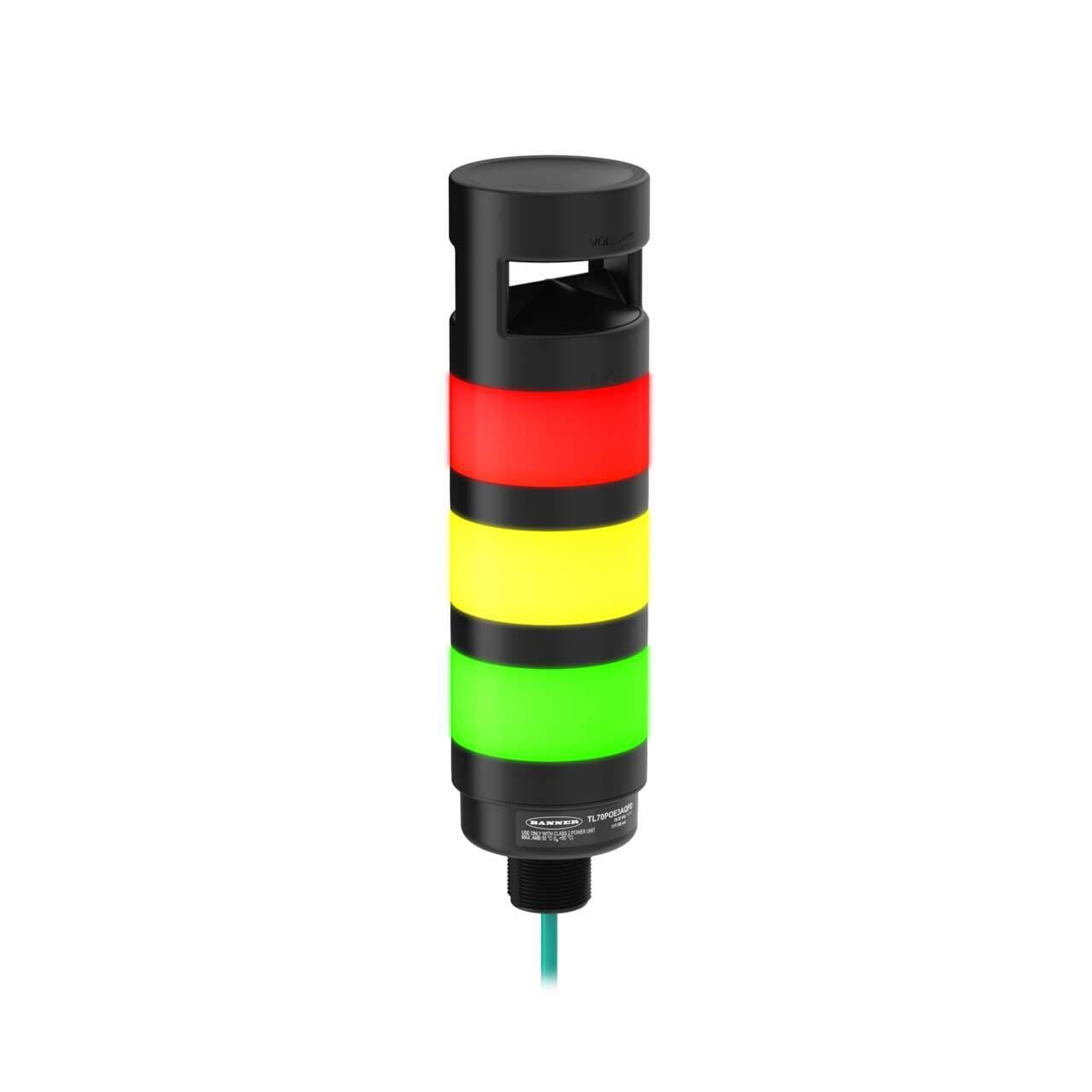 Banner TL70POE3AQPD Banner TL70POE3AQPD - TL70 Pro Tower Light Power Over Ethernet: 3 RGB LED Segments; Audible; Voltage: 37-57 V dc; IP65; Black Housing; Colors: 14-color RGB; PVC Pigtail, 475 mm (18.7 in) 4-pin M12 D-Code Female; Black Housing Banner TL70POE3AQPD Banner TL70POE3AQPD - TL70 Pro Tower Light Power Over Ethernet: 3 RGB LED Segments; Audible; Voltage: 37-57 V dc; IP65; Black Housing; Colors: 14-color RGB; PVC Pigtail, 475 mm (18.7 in) 4-pin M12 D-Code Female; Black Housing