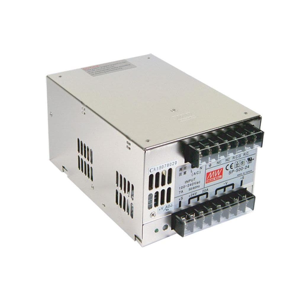 MEAN WELL SP-500-24 AC-DC Enclosed power supply; Output 24Vdc at 20A; PFC; forced air cooling; SP-500-24 is succeeded by RSP-500-24. MEAN WELL SP-500-24 AC-DC Enclosed power supply; Output 24Vdc at 20A; PFC; forced air cooling; SP-500-24 is succeeded by RSP-500-24.