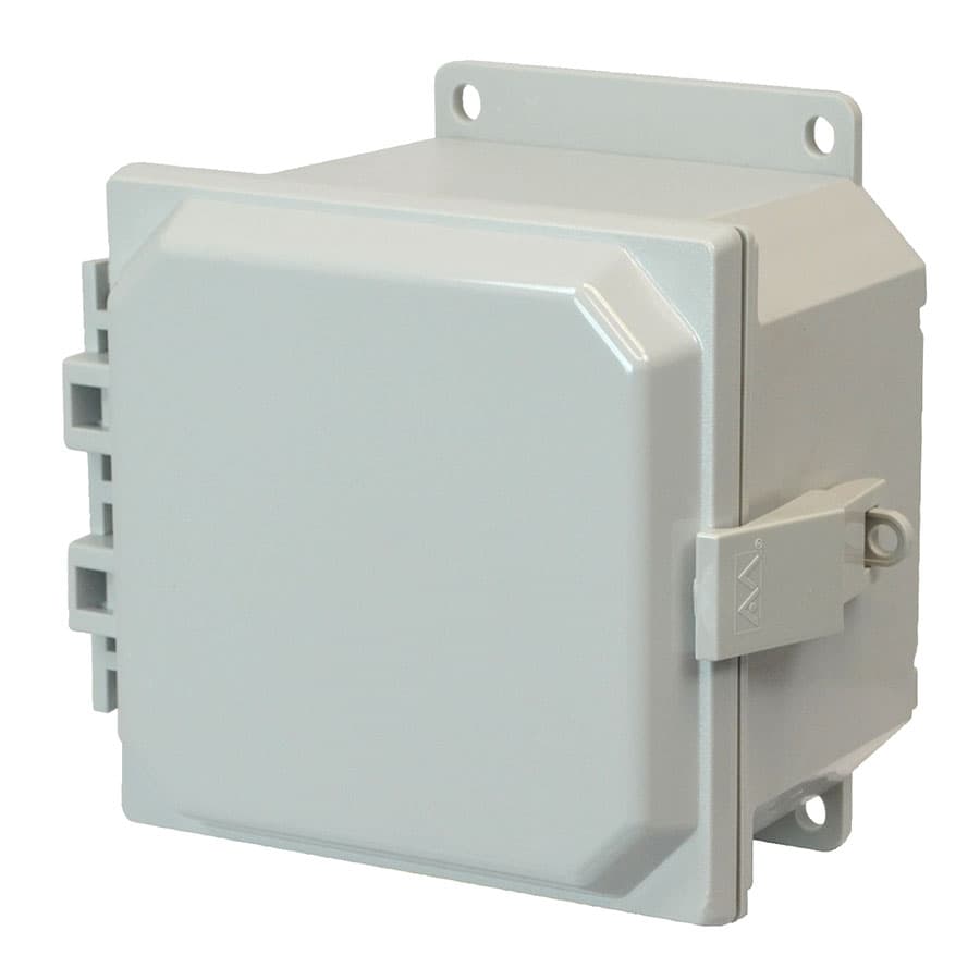 Allied Moulded Products AMP664NLF 6"x6"x4" POLYLINE® polycarbonate wall mount enclosure assembly with hinged cover and nonmetal snap latch Allied Moulded Products AMP664NLF 6"x6"x4" POLYLINE® polycarbonate wall mount enclosure assembly with hinged cover and nonmetal snap latch