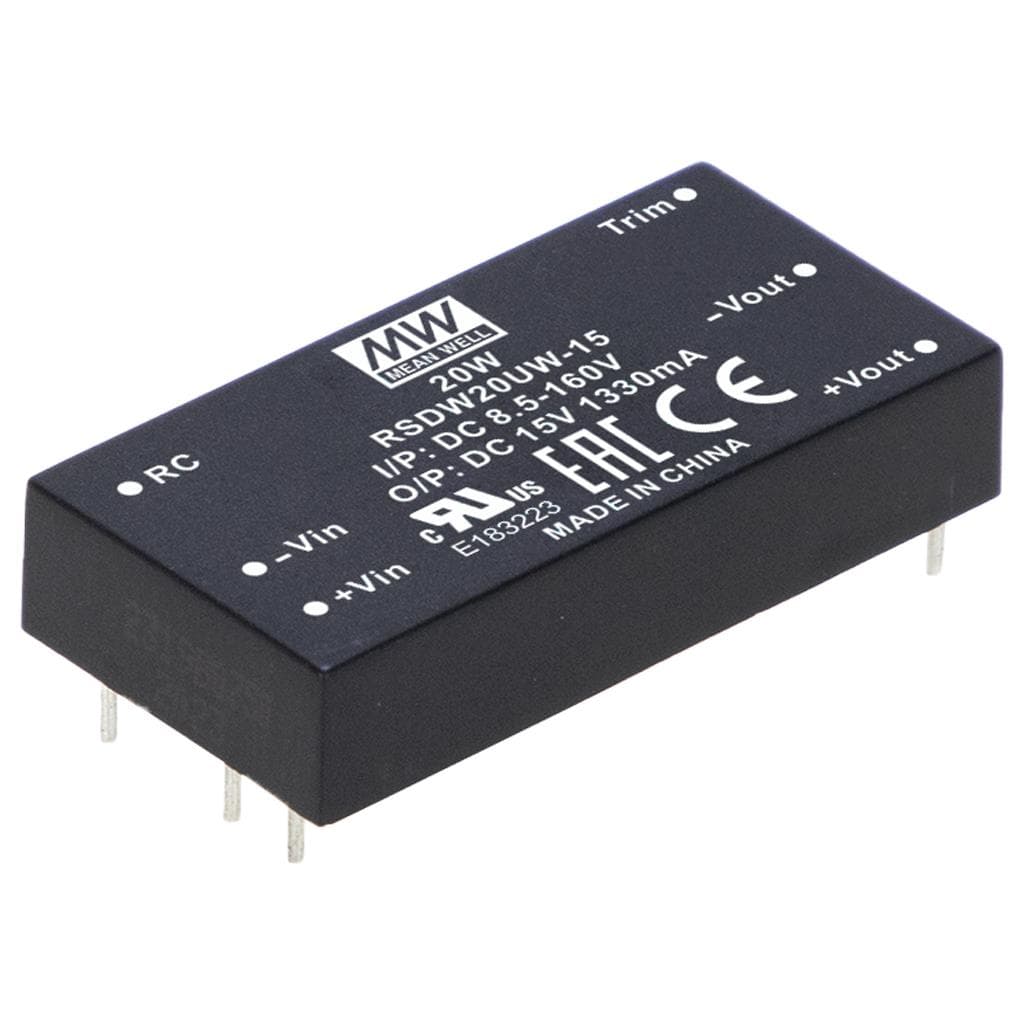 MEAN WELL RSDW20UW-15 DC-DC Railway Single Output Converter; Ultrawide input 8.5-160VDC; Output 15VDC at 1.33A; 3KVAC I/O isolation; DIP 2" x 1" Through hole package; Remote ON/OFF MEAN WELL RSDW20UW-15 DC-DC Railway Single Output Converter; Ultrawide input 8.5-160VDC; Output 15VDC at 1.33A; 3KVAC I/O isolation; DIP 2" x 1" Through hole package; Remote ON/OFF