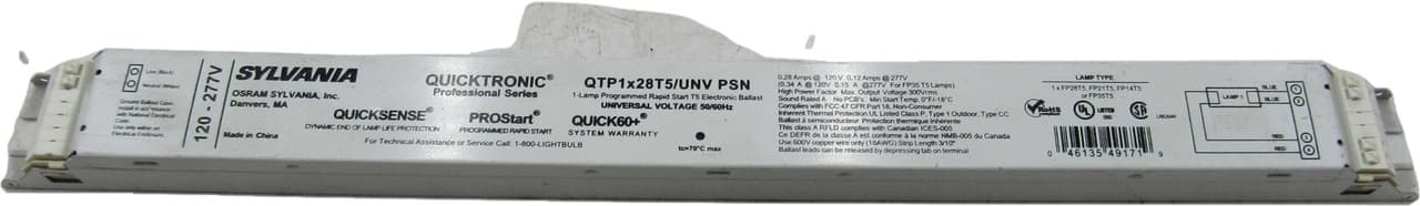 Sylvania QTP1X28T5/UNVPSN 14.17" x 1.18" x 0.87", 120 to 277 VAC 50/60 Hz, 0.28/0.12 A, 28 W, 0.98 Power Factor, 1 Ballast Factor, 1-Lamp, T5, FP28T5, 2900 Lumen, Series Circuit, Programmed Rapid Start, Professional Sylvania QTP1X28T5/UNVPSN 14.17" x 1.18" x 0.87", 120 to 277 VAC 50/60 Hz, 0.28/0.12 A, 28 W, 0.98 Power Factor, 1 Ballast Factor, 1-Lamp, T5, FP28T5, 2900 Lumen, Series Circuit, Programmed Rapid Start, Professional