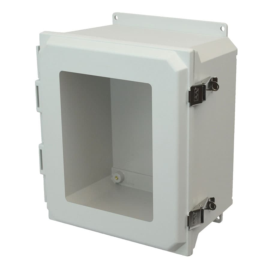 Allied Moulded Products AMU1426LWF 14"x12"x6" ULTRALINE® fiberglass wall mount enclosure assembly with hinged window cover and stainless-steel snap latch Allied Moulded Products AMU1426LWF 14"x12"x6" ULTRALINE® fiberglass wall mount enclosure assembly with hinged window cover and stainless-steel snap latch
