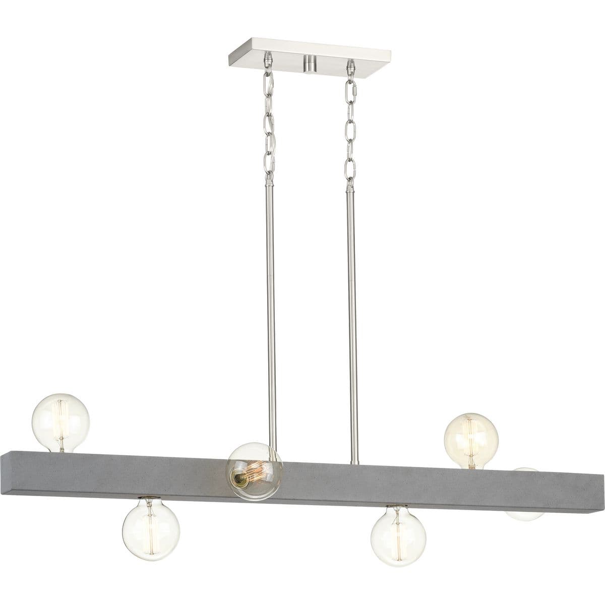 Hubbell P400269-009 Give an unexpected artisanal edginess with the Mill Beam Collection 6-Light Brushed Nickel Industrial Linear Island Chandelier Light. The slab silhouette is coated in a faux concrete finish accented by brushed nickel stems and ceiling plate to create the Hubbell P400269-009 Give an unexpected artisanal edginess with the Mill Beam Collection 6-Light Brushed Nickel Industrial Linear Island Chandelier Light. The slab silhouette is coated in a faux concrete finish accented by brushed nickel stems and ceiling plate to create the