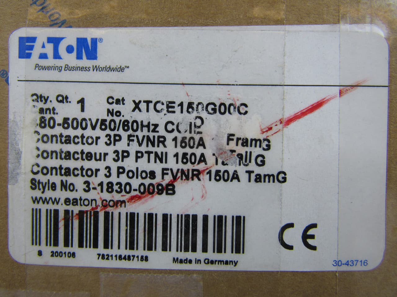 Eaton XTCE150G00C Eaton XT IEC contactor, 150A, 480 Vac 50 Hz, 500 Vac 60 Hz, 0NO-0NC, 150A, Frame G, 90 mm, 50-60 Hz, 10, 25, 30/ 40, 60, 125, 125 hp (1/3PH @115, 200, 230/200, 230, 460, 575 V), Three-pole, Screw terminals, FVNR Eaton XTCE150G00C Eaton XT IEC contactor, 150A, 480 Vac 50 Hz, 500 Vac 60 Hz, 0NO-0NC, 150A, Frame G, 90 mm, 50-60 Hz, 10, 25, 30/ 40, 60, 125, 125 hp (1/3PH @115, 200, 230/200, 230, 460, 575 V), Three-pole, Screw terminals, FVNR