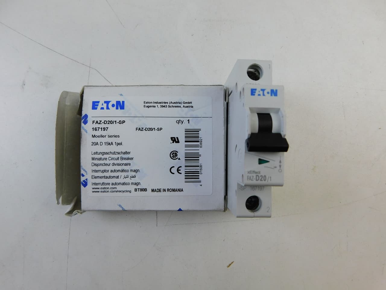 Eaton FAZ-D20/1-SP Eaton FAZ supplementary protector,UL 1077 Industrial miniature circuit breaker-supplementary protector,Single package,High levels of inrush current are expected,20 A,15 kAIC,Single-pole,277 V,10-20X/n,Q38,50-60 Hz,Standard terminals,D Curve Eaton FAZ-D20/1-SP Eaton FAZ supplementary protector,UL 1077 Industrial miniature circuit breaker-supplementary protector,Single package,High levels of inrush current are expected,20 A,15 kAIC,Single-pole,277 V,10-20X/n,Q38,50-60 Hz,Standard terminals,D Curve