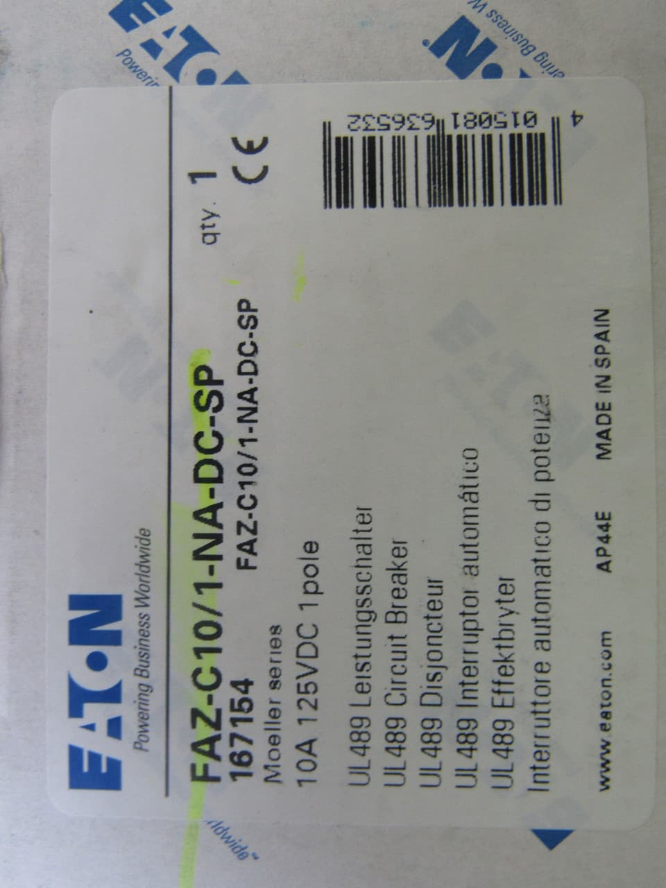 Eaton FAZ-C10/1-NA-DC-SP Eaton FAZ branch protector,UL 489 Industrial miniature circuit breaker-supplementary protector,Single package,Medium levels of inrush current are expected,10A,10 kAIC,Single-pole,125 Vdc per pole,5-10X/n,Q38,50-60 Hz,Screw terminals,C Curve Eaton FAZ-C10/1-NA-DC-SP Eaton FAZ branch protector,UL 489 Industrial miniature circuit breaker-supplementary protector,Single package,Medium levels of inrush current are expected,10A,10 kAIC,Single-pole,125 Vdc per pole,5-10X/n,Q38,50-60 Hz,Screw terminals,C Curve
