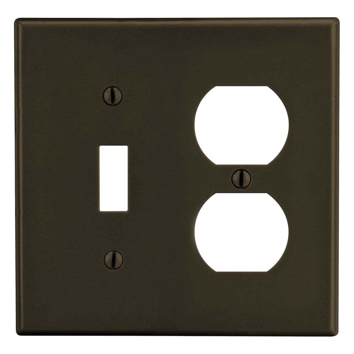Hubbell PJ18 Wallplate, Mid-Size 2-Gang, 1) Duplex 1) Toggle, Brown ; High-impact, self-extinguishing polycarbonate material ; More Rigid ; Sharp lines and less dimpling ; Smooth satin finish ; Blends into wall with an optimum finish ; Smooth Satin Finish Hubbell PJ18 Wallplate, Mid-Size 2-Gang, 1) Duplex 1) Toggle, Brown ; High-impact, self-extinguishing polycarbonate material ; More Rigid ; Sharp lines and less dimpling ; Smooth satin finish ; Blends into wall with an optimum finish ; Smooth Satin Finish