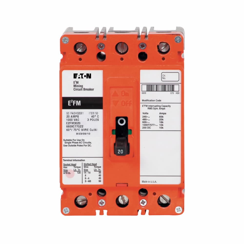 Eaton E2FM050KMA02S22 Eaton E2 mining complete molded case circuit breaker, F-frame, E2FM, Non-interchangeable magnetic only trip, 150-500A, 3-pole, 50A, 1000Y/577 Vac, 250 Vdc, 1A-1B rear w/left pigtail aux switch, 48-127 Vac or 48-60 Vdc rear w/right pigtail Eaton E2FM050KMA02S22 Eaton E2 mining complete molded case circuit breaker, F-frame, E2FM, Non-interchangeable magnetic only trip, 150-500A, 3-pole, 50A, 1000Y/577 Vac, 250 Vdc, 1A-1B rear w/left pigtail aux switch, 48-127 Vac or 48-60 Vdc rear w/right pigtail