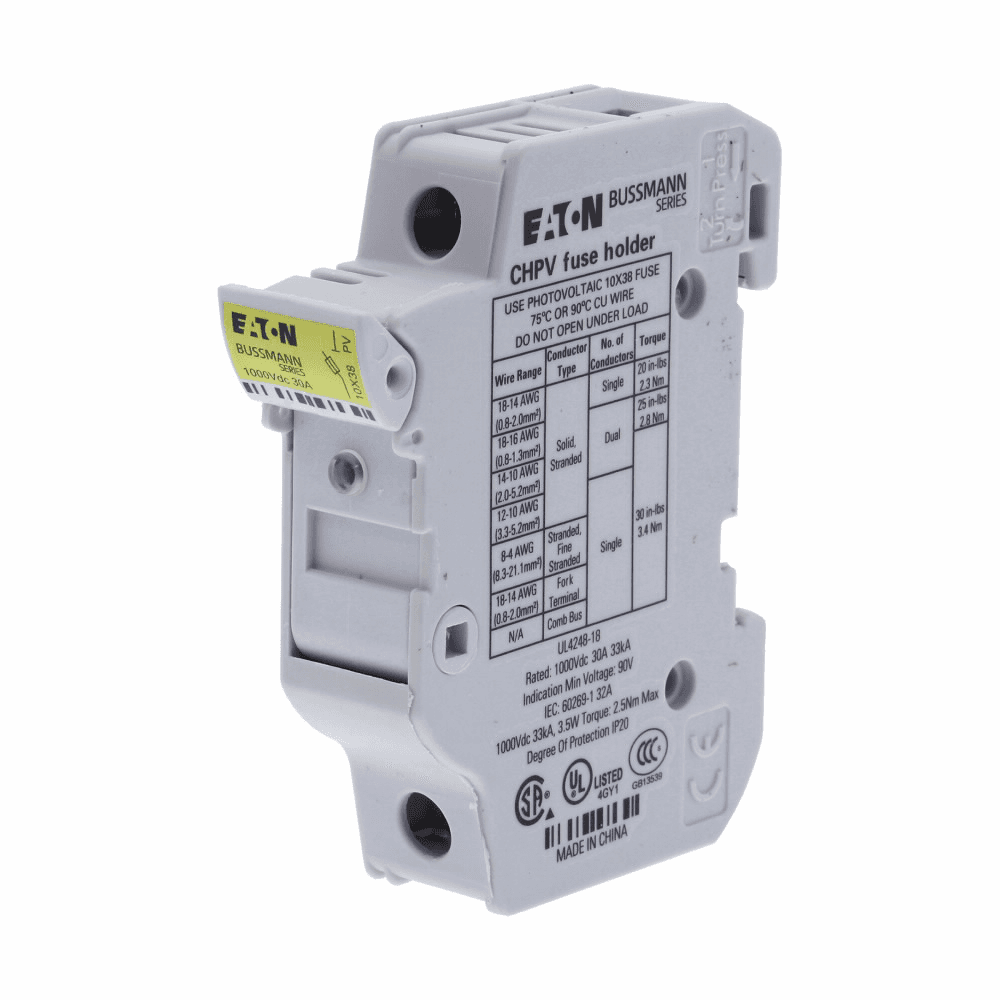 Cooper Bussmann CHPV1IU CHPV1IU Cooper Bussmann - Eaton Bussmann series CHPV photovoltaic fuse block|Eaton Bussmann series Photovoltiac Fuse Holder, 1000 Vdc, 30A, Modular, Single-pole - CHPV1IU Cooper Bussmann CHPV1IU CHPV1IU Cooper Bussmann - Eaton Bussmann series CHPV photovoltaic fuse block|Eaton Bussmann series Photovoltiac Fuse Holder, 1000 Vdc, 30A, Modular, Single-pole - CHPV1IU