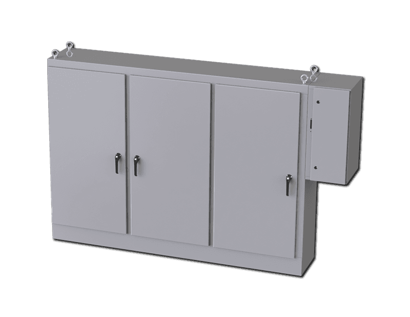 Saginaw Control SCE-72XD3EQ18 3DR XD Enclosure, Height:72.00", Width:99.50", Depth:18.00", ANSI-61 gray powder coating inside and out. Sub-panels are powder coated white. Saginaw Control SCE-72XD3EQ18 3DR XD Enclosure, Height:72.00", Width:99.50", Depth:18.00", ANSI-61 gray powder coating inside and out. Sub-panels are powder coated white.