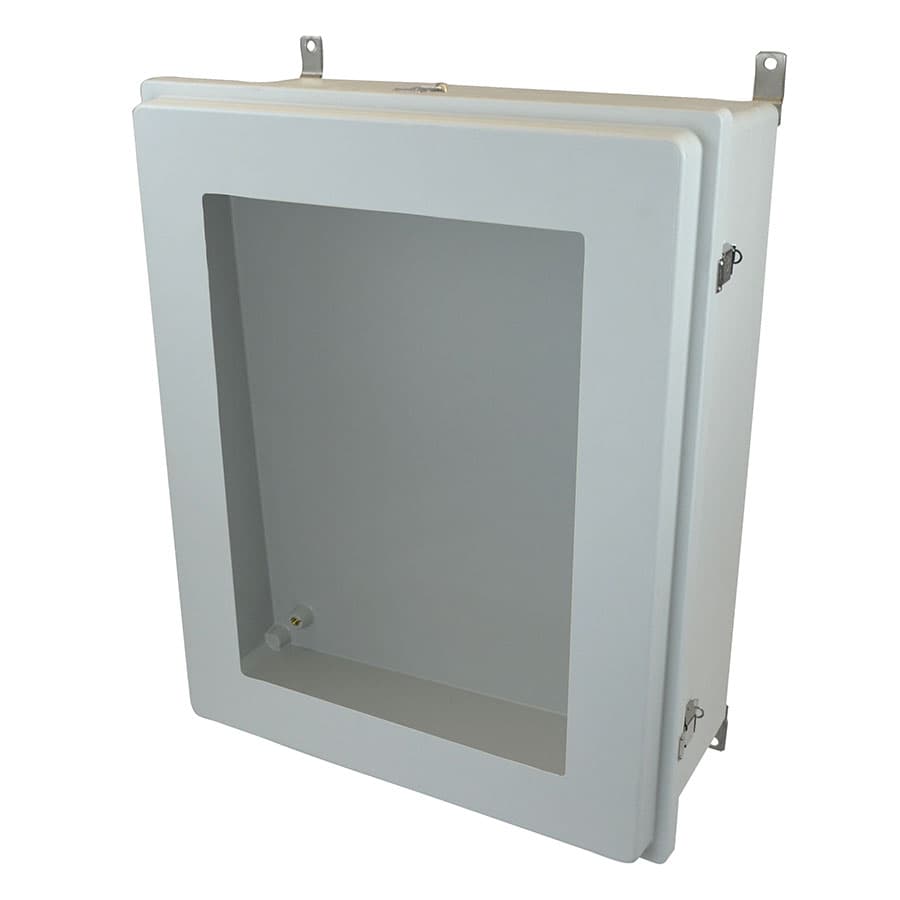 Allied Moulded Products AM30248RLW 30"x24"x8" Control Series fiberglass wall mount enclosure assembly with raised hinged window cover and stainless-steel snap latches Allied Moulded Products AM30248RLW 30"x24"x8" Control Series fiberglass wall mount enclosure assembly with raised hinged window cover and stainless-steel snap latches