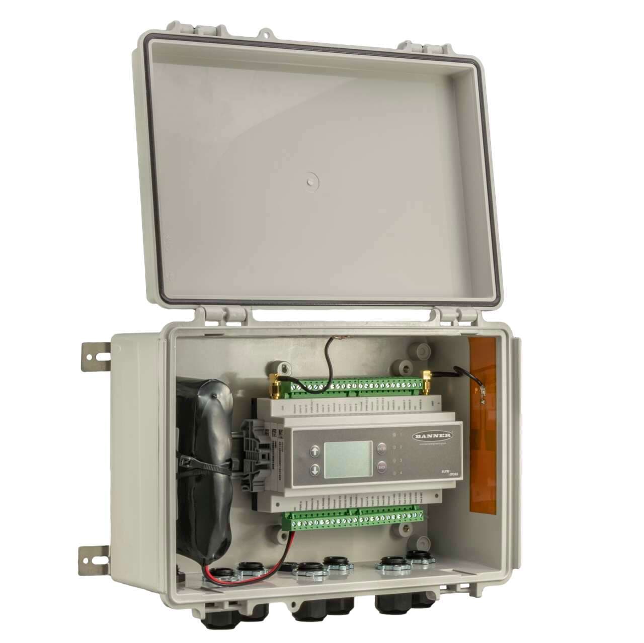 Banner DEK1500-B1R1-A DXM1500 B1 Controller; AT&T North America Only; 900 MHz ISM Radio; NEMA Rated Enclosure; 8 Holes with Glands & Vent; Backup Battery Included Banner DEK1500-B1R1-A DXM1500 B1 Controller; AT&T North America Only; 900 MHz ISM Radio; NEMA Rated Enclosure; 8 Holes with Glands & Vent; Backup Battery Included