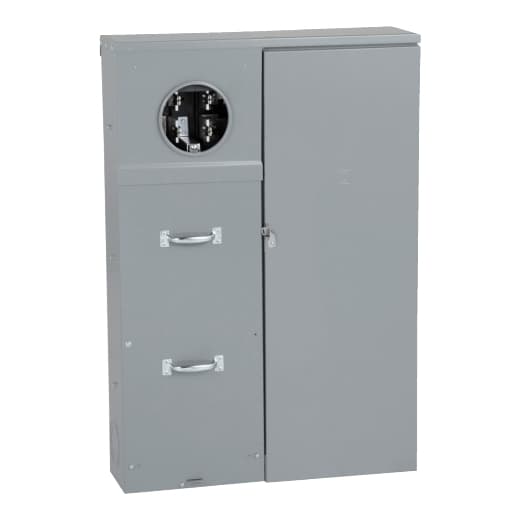 Schneider Electric CU12L400CB Square D by Schneider Electric CU12L400CB is a meter center main unit designed for both surface and semi-flush mounting. This unit features a single ringed meter socket accompanied by a Class 320 manual bypass. It utilizes lugs for ground connections and studs for line connections. The CU12L400CB is rated for a current of 400A and has a short circuit breaking rating of 25kA. Schneider Electric CU12L400CB Square D by Schneider Electric CU12L400CB is a meter center main unit designed for both surface and semi-flush mounting. This unit features a single ringed meter socket accompanied by a Class 320 manual bypass. It utilizes lugs for ground connections and studs for line connections. The CU12L400CB is rated for a current of 400A and has a short circuit breaking rating of 25kA.