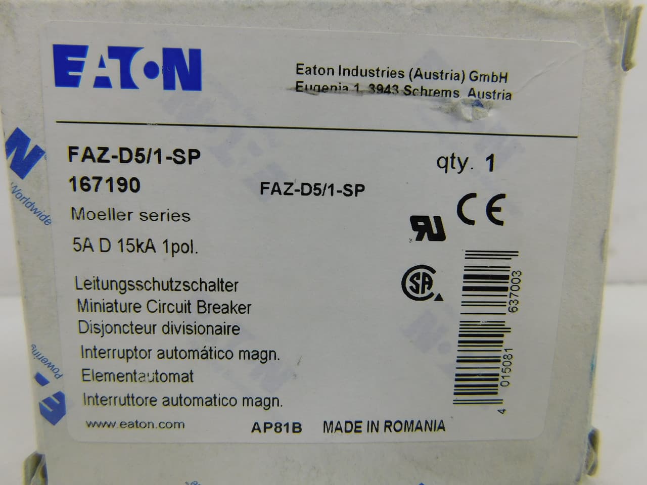 Eaton FAZ-D5/1-SP Eaton FAZ supplementary protector,UL 1077 Industrial miniature circuit breaker-supplementary protector,Single package,High levels of inrush current are expected,5 A,15 kAIC,Single-pole,277 V,10-20X/n,Q38,50-60 Hz,Standard terminals,D Curve Eaton FAZ-D5/1-SP Eaton FAZ supplementary protector,UL 1077 Industrial miniature circuit breaker-supplementary protector,Single package,High levels of inrush current are expected,5 A,15 kAIC,Single-pole,277 V,10-20X/n,Q38,50-60 Hz,Standard terminals,D Curve