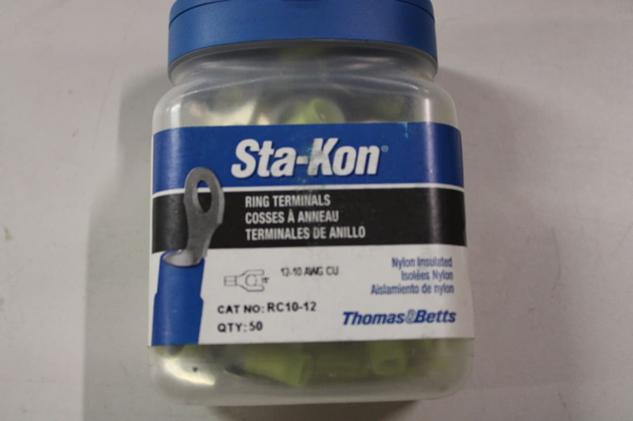Thomas & Betts RC10-12 12 to 10 AWG, 1/2" Stud, 600 V, Yellow, Tin Plated Copper, Nylon Insulated, Electrical Thomas & Betts RC10-12 12 to 10 AWG, 1/2" Stud, 600 V, Yellow, Tin Plated Copper, Nylon Insulated, Electrical