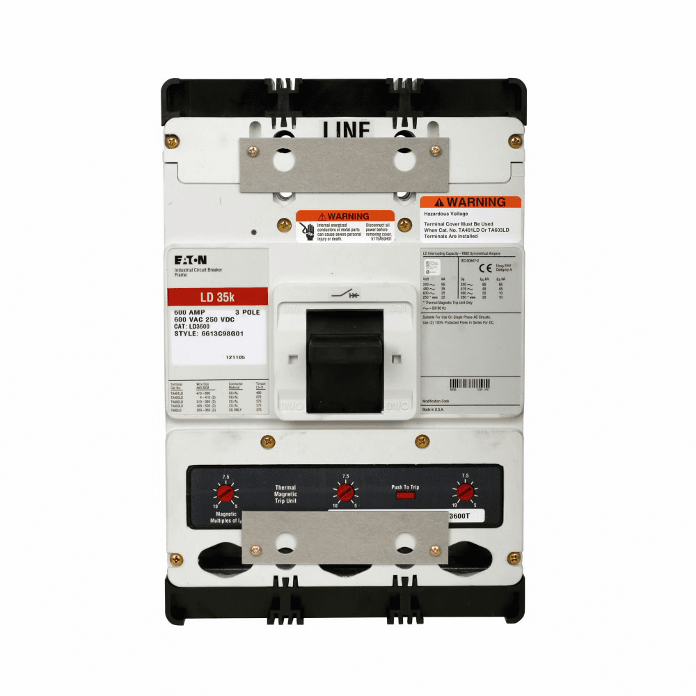 Eaton LDB3600FT38W LDB3600FT38W Eaton - Eaton Series C electronic molded case circuit breaker, L-Frame, 35 kAIC, LDB, Frame only, Digitrip 310 RMS, Electronic LSI with maintenance mode trip, Three-pole, 600A, Without terminals, 50/60 Hz Eaton LDB3600FT38W LDB3600FT38W Eaton - Eaton Series C electronic molded case circuit breaker, L-Frame, 35 kAIC, LDB, Frame only, Digitrip 310 RMS, Electronic LSI with maintenance mode trip, Three-pole, 600A, Without terminals, 50/60 Hz