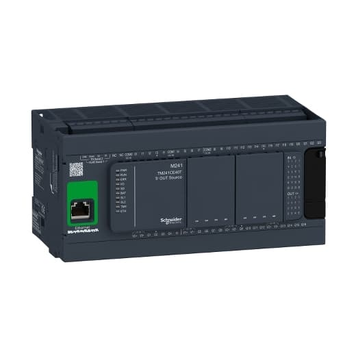 Schneider Electric TM241CE40T Schneider Electric TM241CE40T is a CPU unit designed with integrated I/Os, serving as a Programmable Logic Controller (PLC) CPU processor module. It features a PID Run/Stop switch, an industrial SD memory card slot, a backup battery slot, and a Mini-USB connector for a programming terminal. Additionally, it includes a clip for locking onto symmetrical rail, supports firmware updates, and facilitates data exchange through NGVL and IEC VAR ACCESS. The unit is equipped with a web server, supports SNMP-MIB2 network management, FTP (Client/Server), SNMP (Client/Server), SQL (Client), and includes an email library and DHCP Client for programming, downloading, and monitoring. It offers a removable screw terminal block, 1 x RJ45 connector (RS-232 / RS-485 with +5V supply), and 1 x USB mini-B port for connections. The supply voltage is 19-30Vdc (24Vdc nom.), and it can be mounted on a symmetrical rail or panel. The ambient air temperature for operation ranges from +14 to +131°F / -10 to +55 °C. Memory capacity includes 64MB (RAM), 128MB (flash), and 8MB for program size (application and symbols). It has an IP20 degree of protection and uses Ethernet Modbus TCP for communication protocol. The unit has 12 x digital outputs (500mA; transistor outputs), 4 x digital outputs (100mA; high-speed transistors; Source), and 24 x digital inputs (24Vdc; Sink/Source; 8 inputs can be used as high-speed 200kHz HSC counters). Connection capacity allows for 7 x local I.O., 14 x distributed I.O., 7 x Modicon TM3 expansion modules for local I.O., and 14 x Modicon TM3 expansion modules with bus expansion modules for remote I.O., with possible restrictions for Modicon TM2 expansion modules. It also includes 1 x slot for 2 x cartridges for analog I.O. expansion or application cartridge. The ambient air temperature for storage is -40 to +158°F / -40 to +70 °C. Power consumption with the maximum number of I/O expansion modules ranges from 32.6-40.4 W. Humidity tolerance is 5-95% without condensation. Processing time includes an execution time for 1k instructions at 300μs / 0.3 ms and for other instructions at 700μs / 0.7 ms. The hold time for immunity to micro-breaks class PS-2 is 0.01s, and it operates with a dual-core processor. Schneider Electric TM241CE40T Schneider Electric TM241CE40T is a CPU unit designed with integrated I/Os, serving as a Programmable Logic Controller (PLC) CPU processor module. It features a PID Run/Stop switch, an industrial SD memory card slot, a backup battery slot, and a Mini-USB connector for a programming terminal. Additionally, it includes a clip for locking onto symmetrical rail, supports firmware updates, and facilitates data exchange through NGVL and IEC VAR ACCESS. The unit is equipped with a web server, supports SNMP-MIB2 network management, FTP (Client/Server), SNMP (Client/Server), SQL (Client), and includes an email library and DHCP Client for programming, downloading, and monitoring. It offers a removable screw terminal block, 1 x RJ45 connector (RS-232 / RS-485 with +5V supply), and 1 x USB mini-B port for connections. The supply voltage is 19-30Vdc (24Vdc nom.), and it can be mounted on a symmetrical rail or panel. The ambient air temperature for operation ranges from +14 to +131°F / -10 to +55 °C. Memory capacity includes 64MB (RAM), 128MB (flash), and 8MB for program size (application and symbols). It has an IP20 degree of protection and uses Ethernet Modbus TCP for communication protocol. The unit has 12 x digital outputs (500mA; transistor outputs), 4 x digital outputs (100mA; high-speed transistors; Source), and 24 x digital inputs (24Vdc; Sink/Source; 8 inputs can be used as high-speed 200kHz HSC counters). Connection capacity allows for 7 x local I.O., 14 x distributed I.O., 7 x Modicon TM3 expansion modules for local I.O., and 14 x Modicon TM3 expansion modules with bus expansion modules for remote I.O., with possible restrictions for Modicon TM2 expansion modules. It also includes 1 x slot for 2 x cartridges for analog I.O. expansion or application cartridge. The ambient air temperature for storage is -40 to +158°F / -40 to +70 °C. Power consumption with the maximum number of I/O expansion modules ranges from 32.6-40.4 W. Humidity tolerance is 5-95% without condensation. Processing time includes an execution time for 1k instructions at 300μs / 0.3 ms and for other instructions at 700μs / 0.7 ms. The hold time for immunity to micro-breaks class PS-2 is 0.01s, and it operates with a dual-core processor.