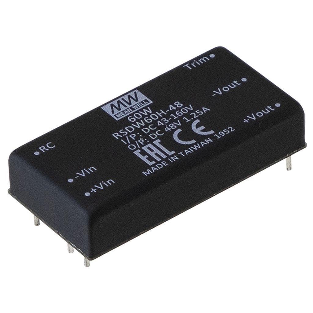 MEAN WELL RSDW60H-24 DC-DC Railway Single Output Converter; Input 40-160VDC; Output 24VDC at 2.5A; 3KVDC I/O isolation; DIP Through hole package; Remote ON/OFF MEAN WELL RSDW60H-24 DC-DC Railway Single Output Converter; Input 40-160VDC; Output 24VDC at 2.5A; 3KVDC I/O isolation; DIP Through hole package; Remote ON/OFF