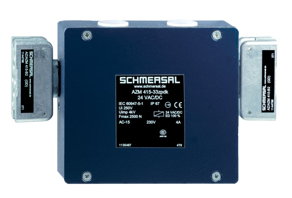 Schmersal AZM 415-33ZPDKA 110 VAC Solenoid interlock; Ball latch for each door, individually adjustable up to 400 N; 3 switches in one enclosure; Spring-loaded actuators; for double doors; 141 mm x 125 mm x 46,5 mm; Metal enclosure; Interlock with protection against incorrect locking.; Ro Schmersal AZM 415-33ZPDKA 110 VAC Solenoid interlock; Ball latch for each door, individually adjustable up to 400 N; 3 switches in one enclosure; Spring-loaded actuators; for double doors; 141 mm x 125 mm x 46,5 mm; Metal enclosure; Interlock with protection against incorrect locking.; Ro