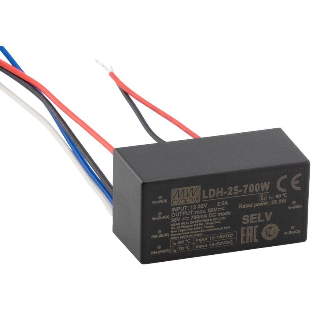 MEAN WELL LDH-25-500W DC-DC Step up LED driver Constant Current (CC); Input 9.5-32Vdc; Output 0.5A at 12.5-50Vdc; Lead wire style; Dimming with PWM and 0-10V MEAN WELL LDH-25-500W DC-DC Step up LED driver Constant Current (CC); Input 9.5-32Vdc; Output 0.5A at 12.5-50Vdc; Lead wire style; Dimming with PWM and 0-10V