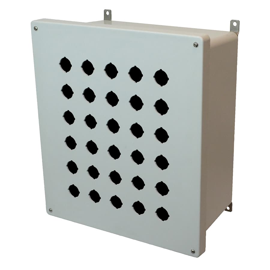 Allied Moulded Products AM1648P30 16"x14"x8" AM Series fiberglass wall mount enclosure assembly with 4-screw lift-off cover and 30 pushbutton holes Allied Moulded Products AM1648P30 16"x14"x8" AM Series fiberglass wall mount enclosure assembly with 4-screw lift-off cover and 30 pushbutton holes