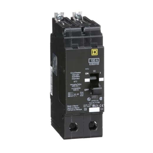 Schneider Electric EDB24100 Square D by Schneider Electric EDB24100 is a Miniature Circuit Breaker (MCB) designed for bolt-on mounting with a visual trip indicator. It features lugs type terminals and operates at a rated voltage of 480 V AC. This MCB serves as both an Equipment Protection Device (EPD) and a Circuit Breaker (CB) with a breaking capacity code D. It offers short-circuit and overload protection, utilizing an aluminium lugs connection. The EDB24100 is rated for 100A and is a 2 Pole device, accommodating a cross-section of 12-2/0AWG. It has a short circuit breaking rating of 25kA at 120Vac and 240Vac, and 18kA at 480Y/277Vac. The thermal-magnetic trip unit has a protection setting with a trip unit rating of 2300A. Schneider Electric EDB24100 Square D by Schneider Electric EDB24100 is a Miniature Circuit Breaker (MCB) designed for bolt-on mounting with a visual trip indicator. It features lugs type terminals and operates at a rated voltage of 480 V AC. This MCB serves as both an Equipment Protection Device (EPD) and a Circuit Breaker (CB) with a breaking capacity code D. It offers short-circuit and overload protection, utilizing an aluminium lugs connection. The EDB24100 is rated for 100A and is a 2 Pole device, accommodating a cross-section of 12-2/0AWG. It has a short circuit breaking rating of 25kA at 120Vac and 240Vac, and 18kA at 480Y/277Vac. The thermal-magnetic trip unit has a protection setting with a trip unit rating of 2300A.
