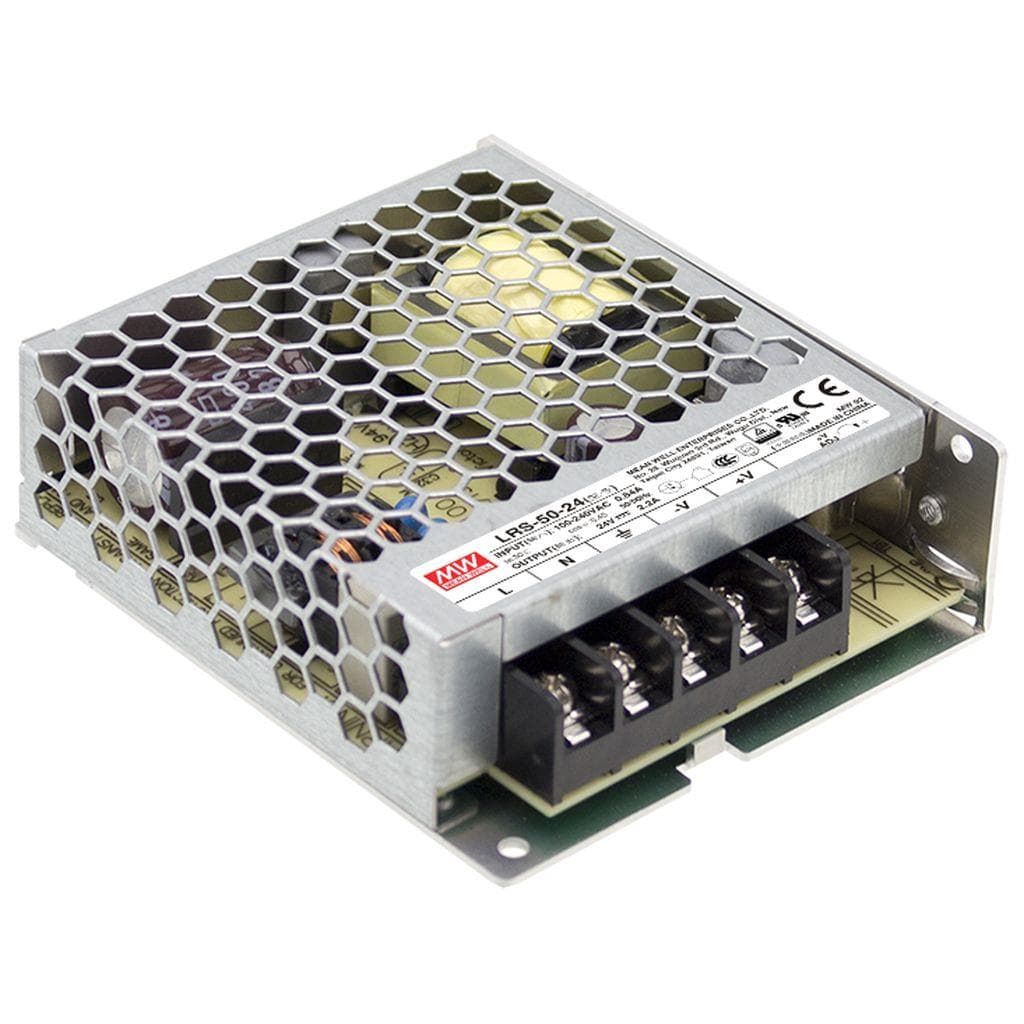 MEAN WELL LRS-50-24 AC-DC Single output enclosed power supply; Universal AC input; Output 24Vdc at 2.2A; Up to 5G vibration; 1U low profile MEAN WELL LRS-50-24 AC-DC Single output enclosed power supply; Universal AC input; Output 24Vdc at 2.2A; Up to 5G vibration; 1U low profile