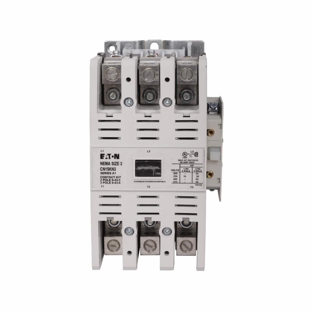 Eaton CN15KN3A CN15KN3A Eaton - Eaton Freedom NEMA motor control contactor, NEMA Freedom Series Non-Reversing contactor, 25 hp at 208V, 30 hp at 240V, 50 hp at 480,600V maximum horsepower, 120V/60 Hz or 110V/50 Hz coil voltage, 90A, Three-pole, Size 3 Eaton CN15KN3A CN15KN3A Eaton - Eaton Freedom NEMA motor control contactor, NEMA Freedom Series Non-Reversing contactor, 25 hp at 208V, 30 hp at 240V, 50 hp at 480,600V maximum horsepower, 120V/60 Hz or 110V/50 Hz coil voltage, 90A, Three-pole, Size 3