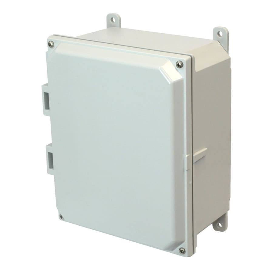Allied Moulded Products AMP1084 10"x8"x4" POLYLINE® polycarbonate wall mount enclosure assembly with 4-screw lift-off cover Allied Moulded Products AMP1084 10"x8"x4" POLYLINE® polycarbonate wall mount enclosure assembly with 4-screw lift-off cover