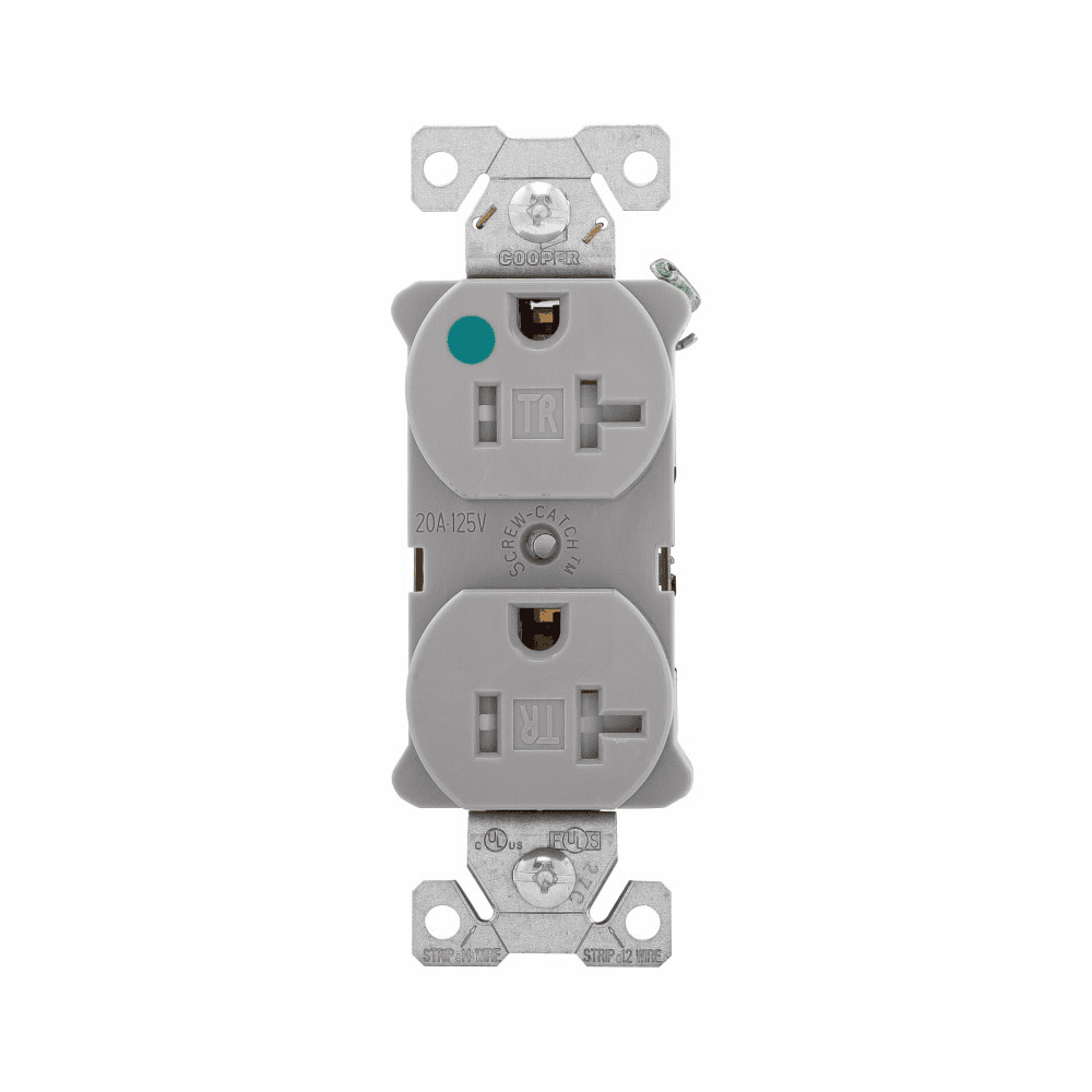 Eaton TR8300GY TR8300GY Eaton - Eaton Arrow Hart heavy-duty hospital grade duplex receptacle, #14-10 AWG, 20A, Healthcare, Flush, 125V, Back and side, Gray, Brass, Impact-resistant nylon face, PVC body, 5-20R, Duplex, Screw, Nylon, Core pack Eaton TR8300GY TR8300GY Eaton - Eaton Arrow Hart heavy-duty hospital grade duplex receptacle, #14-10 AWG, 20A, Healthcare, Flush, 125V, Back and side, Gray, Brass, Impact-resistant nylon face, PVC body, 5-20R, Duplex, Screw, Nylon, Core pack