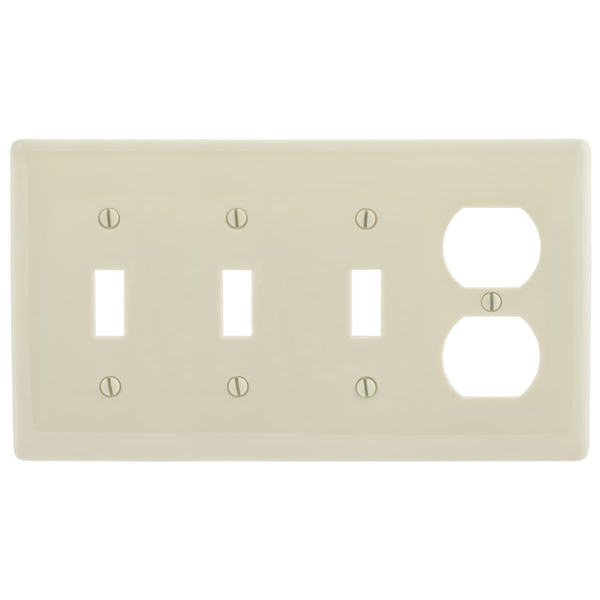 Hubbell NP38LA Wallplates and Box Covers, Wallplate, Nylon, 4-Gang, 3) Toggle 1) Duplex, Light Almond  ; Reinforcement ribs for extra strength ; High-impact, self-extinguishing nylon material ; Captive screw feature holds mounting screw in place ; Standard Size is 1/8"  Hubbell NP38LA Wallplates and Box Covers, Wallplate, Nylon, 4-Gang, 3) Toggle 1) Duplex, Light Almond  ; Reinforcement ribs for extra strength ; High-impact, self-extinguishing nylon material ; Captive screw feature holds mounting screw in place ; Standard Size is 1/8"