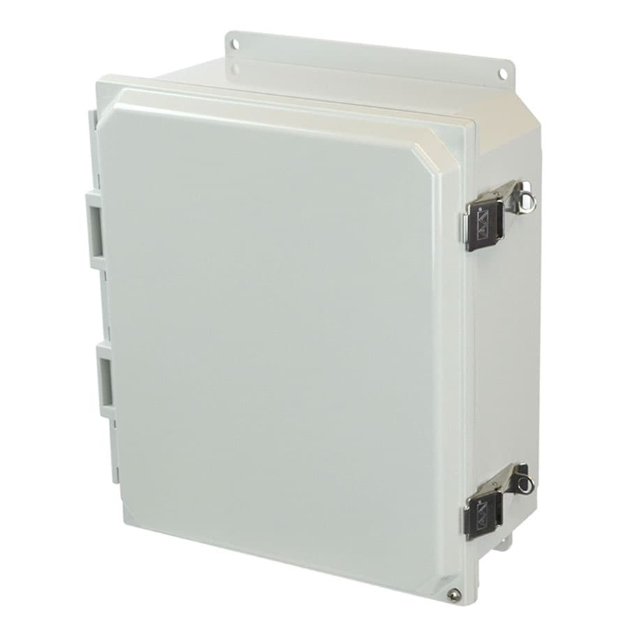 Allied Moulded Products AMP1204LF 12"x10"x4" POLYLINE® polycarbonate wall mount enclosure assembly with hinged cover and stainless-steel snap latch Allied Moulded Products AMP1204LF 12"x10"x4" POLYLINE® polycarbonate wall mount enclosure assembly with hinged cover and stainless-steel snap latch