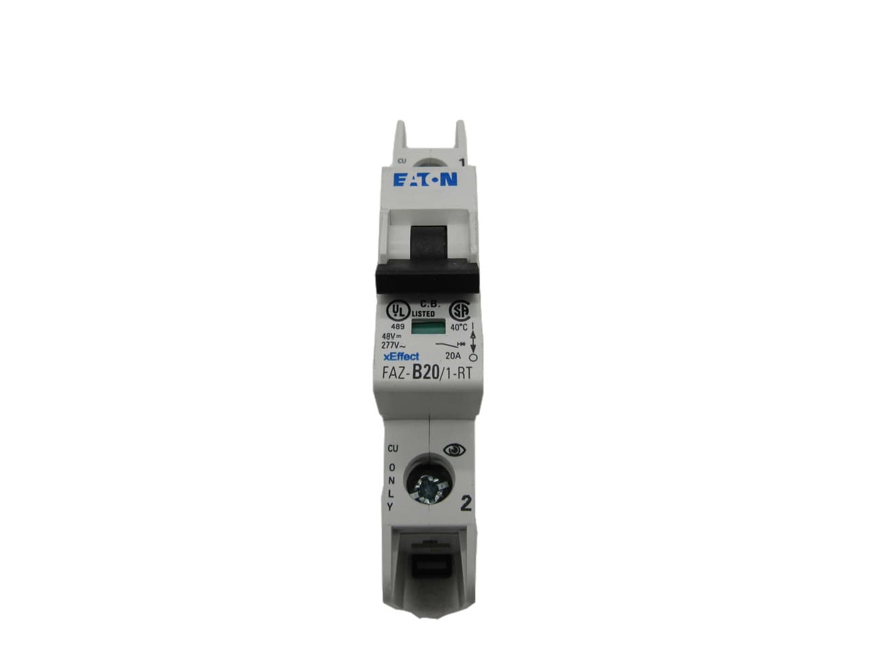 Eaton FAZ-B20/1-RT 277/480 VAC 50/60 Hz, 20 A, 1-Pole, 10/14 kA, 3 to 5 x Rated Current, Ring Tongue Terminal, DIN Rail Mount, Standard Packaging, B-Curve, Current Limiting, Thermal Magnetic Eaton FAZ-B20/1-RT 277/480 VAC 50/60 Hz, 20 A, 1-Pole, 10/14 kA, 3 to 5 x Rated Current, Ring Tongue Terminal, DIN Rail Mount, Standard Packaging, B-Curve, Current Limiting, Thermal Magnetic