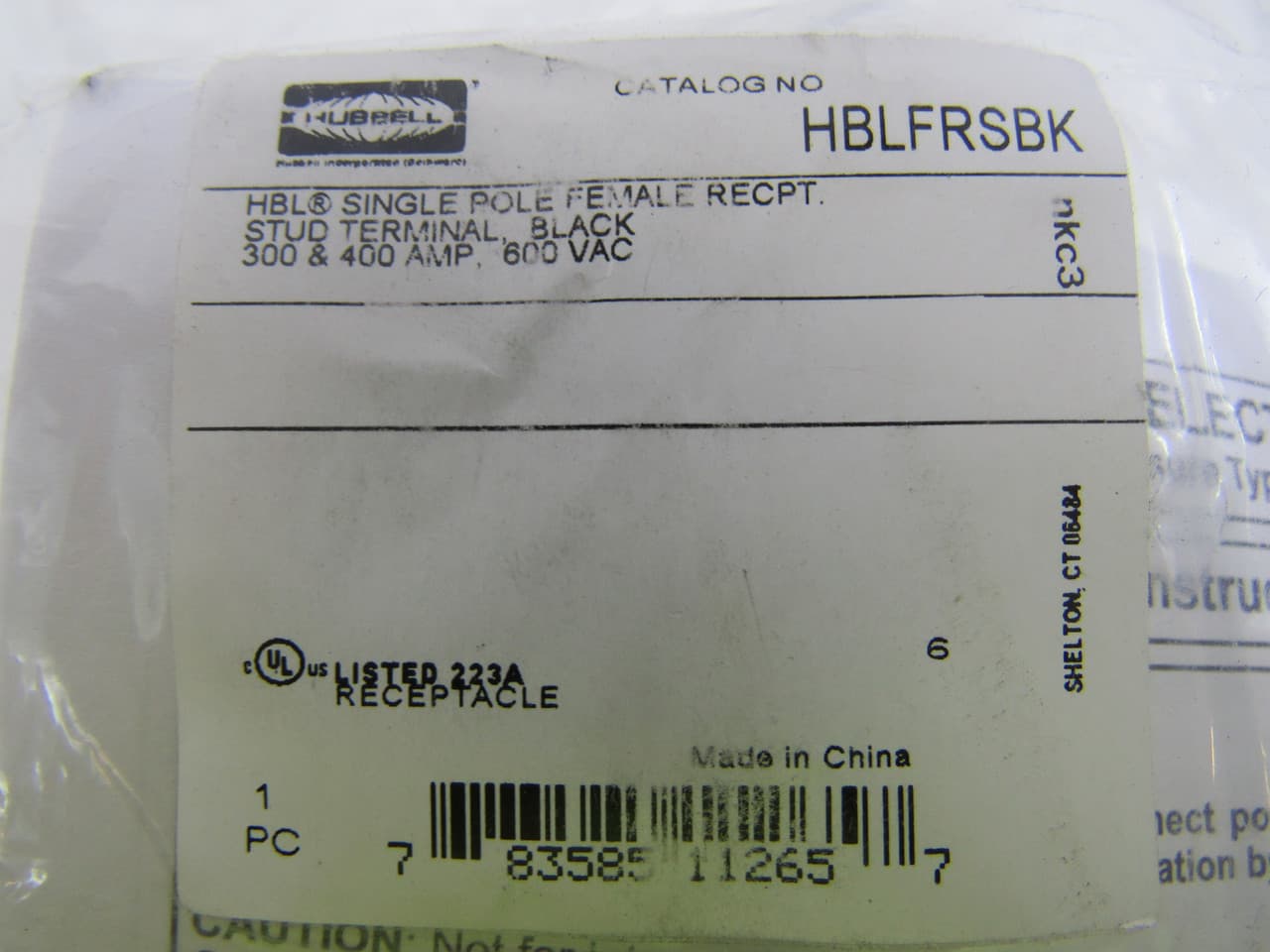Hubbell HBLFRSBK 600 VAC/VDC, 400 A, 1-Pole, 4 to 4/0 AWG, NEMA 3R/4X/12, Black, Brass Contact, Thermoplastic Elastomer Insulator, Panel Mount, 1/2"-13 TPI Stud, Female Hubbell HBLFRSBK 600 VAC/VDC, 400 A, 1-Pole, 4 to 4/0 AWG, NEMA 3R/4X/12, Black, Brass Contact, Thermoplastic Elastomer Insulator, Panel Mount, 1/2"-13 TPI Stud, Female