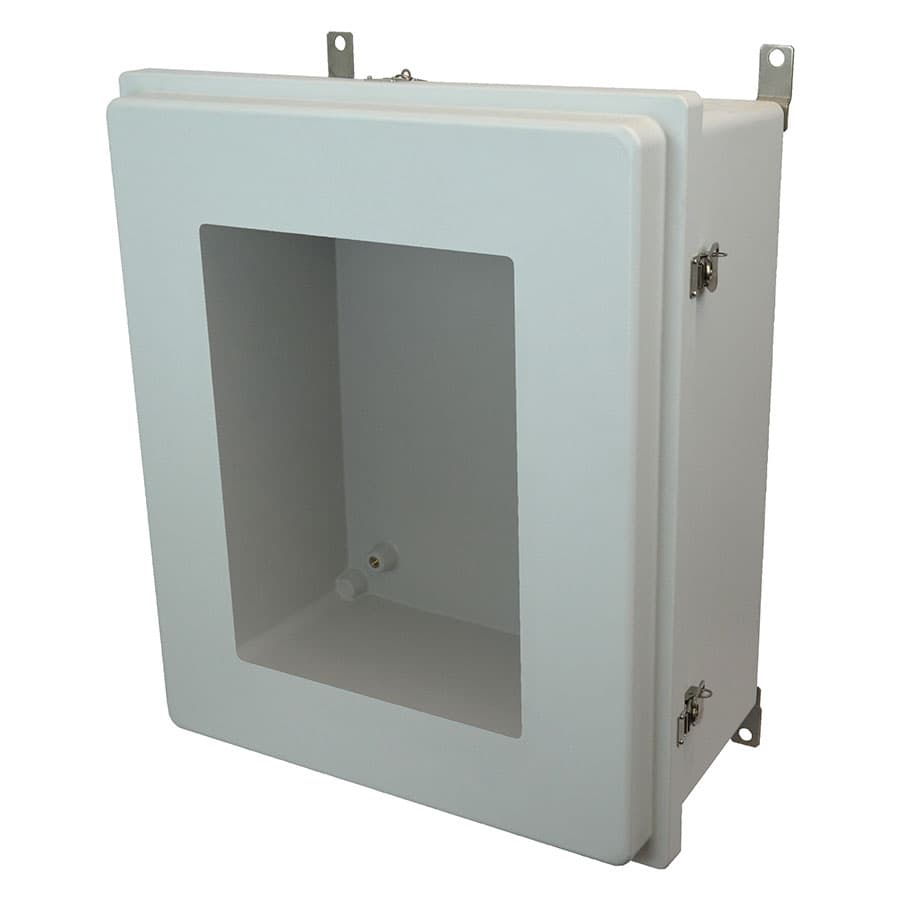 Allied Moulded Products AM24208RTW 24"x20"x8" Control Series fiberglass wall mount enclosure assembly with raised hinged window cover and stainless-steel twist latches Allied Moulded Products AM24208RTW 24"x20"x8" Control Series fiberglass wall mount enclosure assembly with raised hinged window cover and stainless-steel twist latches
