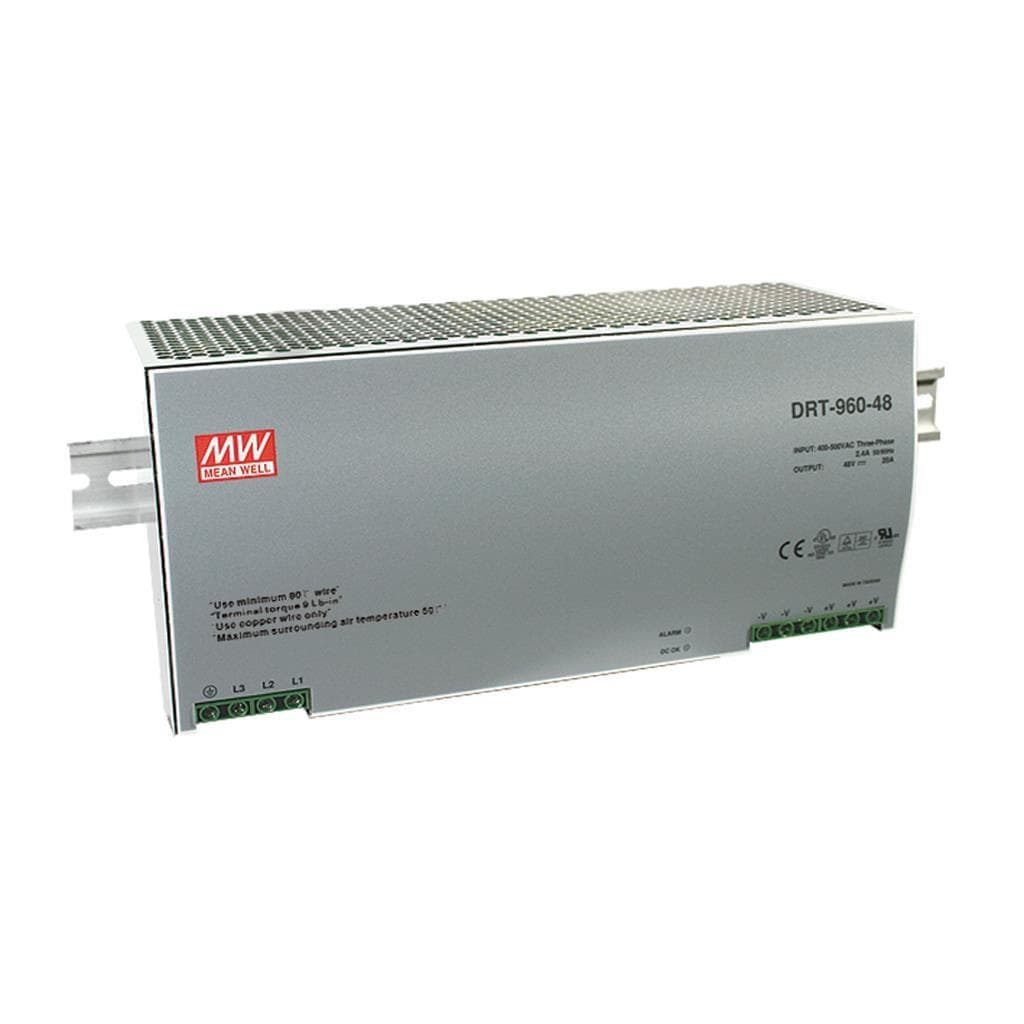 MEAN WELL DRT-960-24 AC-DC Industrial DIN rail power supply; Output 24Vdc at 40A; metal case; 3-phase input; DRT-960-24 is succeeded by TDR-960-24. MEAN WELL DRT-960-24 AC-DC Industrial DIN rail power supply; Output 24Vdc at 40A; metal case; 3-phase input; DRT-960-24 is succeeded by TDR-960-24.