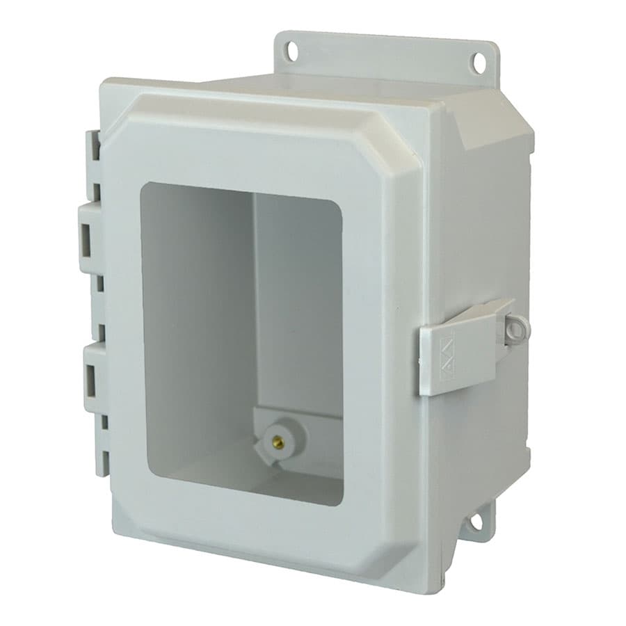 Allied Moulded Products AMU864NLWF 8"x6"x4" ULTRALINE® fiberglass wall mount enclosure assembly with hinged window cover and nonmetal snap latch Allied Moulded Products AMU864NLWF 8"x6"x4" ULTRALINE® fiberglass wall mount enclosure assembly with hinged window cover and nonmetal snap latch