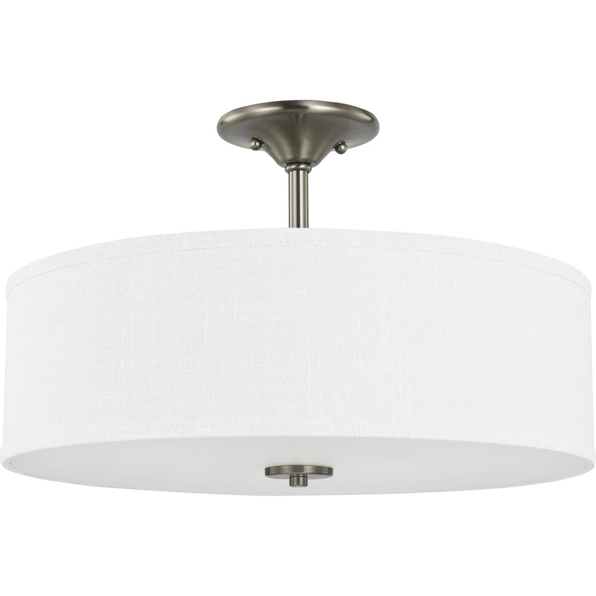Hubbell P350167-009 Harkening back to a simpler time, the Inspire Collection Brushed Nickel Three-Light Semi-Flush Mount's timeless demeanor is sure to become a favorite for generations. A round, summer linen shade with an etched glass diffuser steals the show and creates a Hubbell P350167-009 Harkening back to a simpler time, the Inspire Collection Brushed Nickel Three-Light Semi-Flush Mount's timeless demeanor is sure to become a favorite for generations. A round, summer linen shade with an etched glass diffuser steals the show and creates a