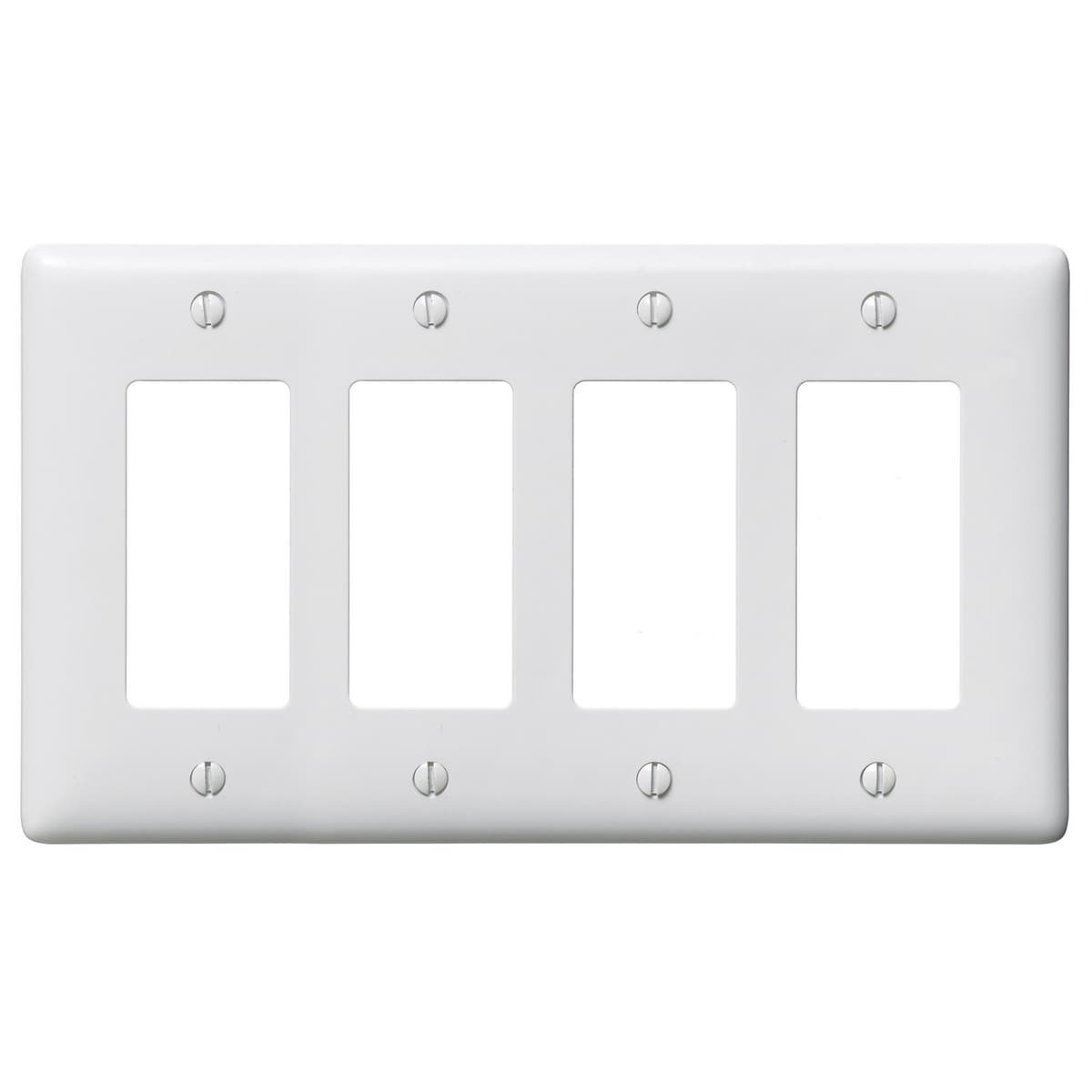Hubbell NP264W Wallplates and Box Covers, Wallplate, Nylon, 4-Gang, 4) Decorator, White  ; Reinforcement ribs for extra strength ; Captive screw feature holds mounting screw in place ; High-impact, self-extinguishing nylon material ; Standard Size is 1/8" larger to give Hubbell NP264W Wallplates and Box Covers, Wallplate, Nylon, 4-Gang, 4) Decorator, White  ; Reinforcement ribs for extra strength ; Captive screw feature holds mounting screw in place ; High-impact, self-extinguishing nylon material ; Standard Size is 1/8" larger to give