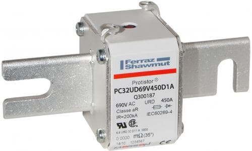 Mersen Q300187 Q300187 Mersen - Square Body High-Speed Fuse Protistor® Size 32 aR 690VAC IEC 700VAC UL 450A With Striker DIN 110 Blades Mersen Q300187 Q300187 Mersen - Square Body High-Speed Fuse Protistor® Size 32 aR 690VAC IEC 700VAC UL 450A With Striker DIN 110 Blades